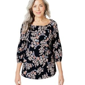 J JILL black pink paisley rayon bishop sleeve frill swing blouse top‎ XL Office